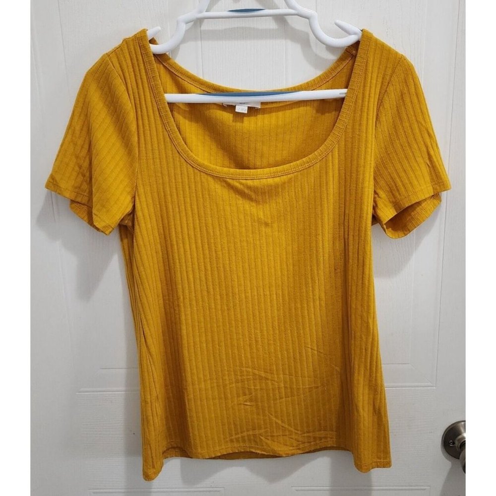LOFT Women's Short Sleeve Square Neck‎ Ribbed Knit Top Mustard Yellow Size LP